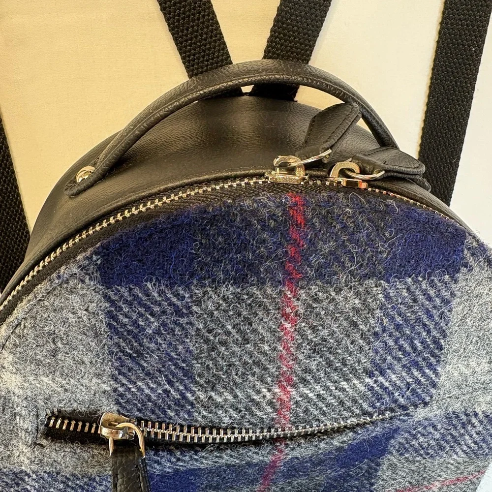 Harris Tweed mini back pack in grey and blue plaid pattern